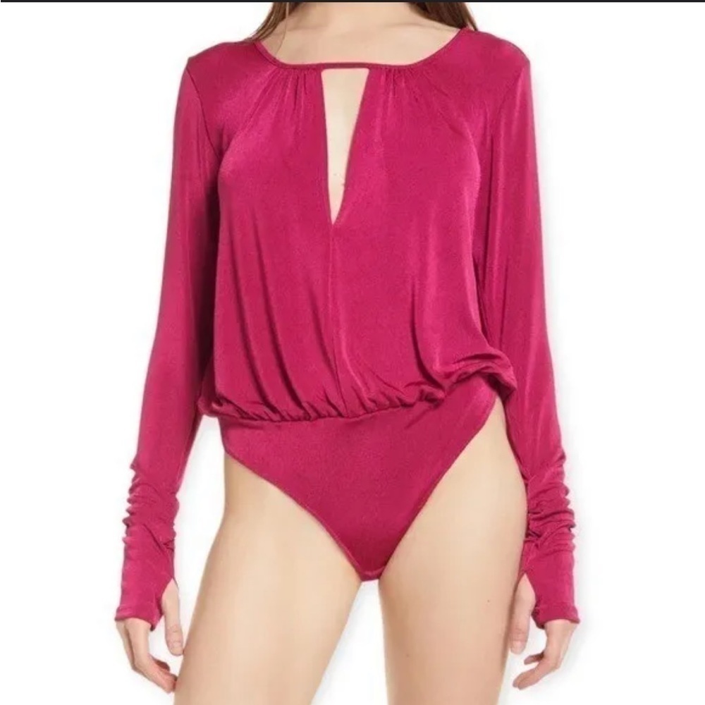 Free People Kaya Keyhole Long Sleeve Thong Bodysuit Pink Rose Hypnotic Sz Small